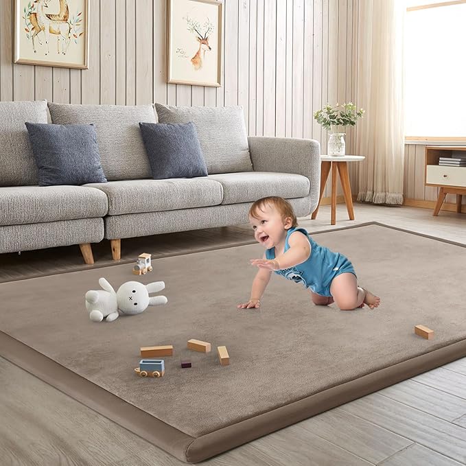 Baby Play Mat for Floor Tummy Time Mat Nursery Muscle Area Rug Playroom Rug Tatami 59"*71" Memory Foam 1.3" Thick Crawling For Babies,Toddlers, Infants, Kids,Floor(Brown)