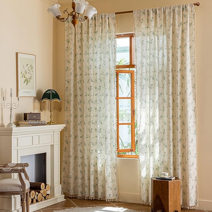 OYX Sage Green Spring Floral Curtains 96 Inch Length 2panels for Living Room, French Country Vintage Light Filtering Patterned Aesthetic Drapes for Bedroom, Rod Pocket Decor Window Treatment Curtains