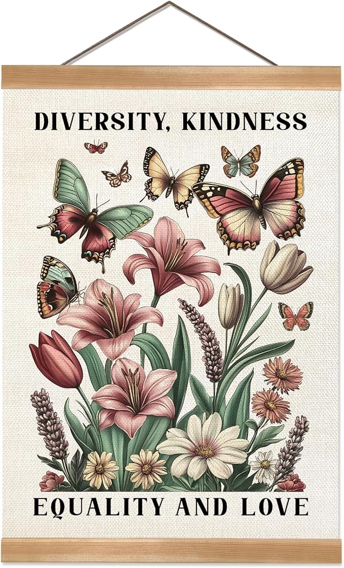 ZTGDA Diversity and Kindness Wall Art,Equality and Love Inspirational Hanging Poster with Butterflies and Flowers, Linen Canvas Print for Office, Classroom, or Home Decor 12x16In (Colour-Diversity)