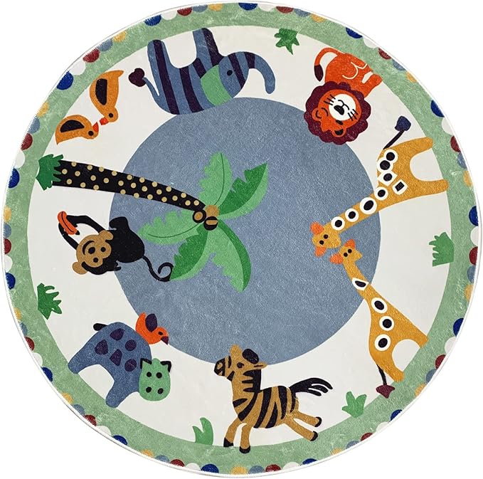 USTIDE Round Animals Kids Rug 4FT, Green Cartoon Play Mat Kids Area Rug Soft and Non-Slip Carpet for Nursery Playroom Children Bedroom Living Room Decor
