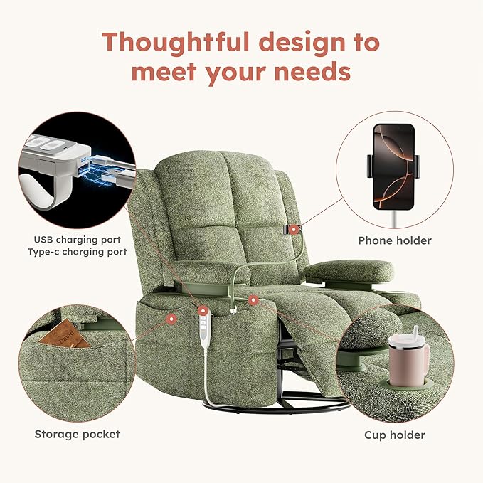MAMAZING Triple Motor Power Swivel Rocker Recliner Chair with Adjustable Armrests for Adults, FSC Certified Faux Leather Rocking Chair Nursery for Breastfeeding, Green
