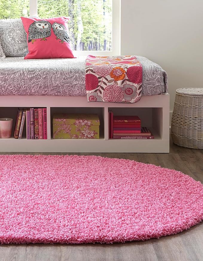 Unique Loom Solid Shag Collection Area Rug (7' 10" x 10' Oval, Taffy Pink)