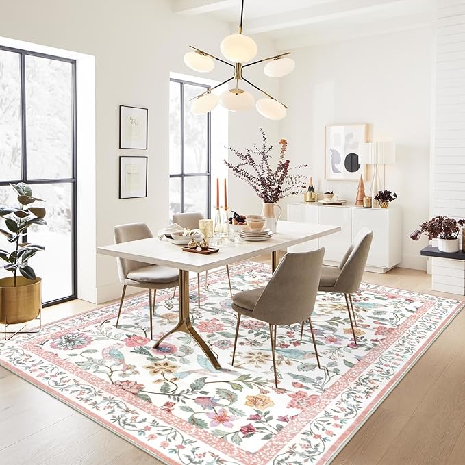 Floral Washable 8x10 Area Rug for Living Room, Soft Pink Large Girls Bedroom Rug, Non-Slip Low Pile Flower Birds Dining Room Rug, Botanical Floor Carpet for Kids Classroom Office