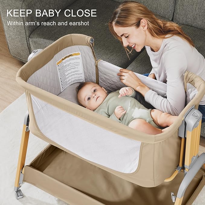 3 in 1 Baby Bassinet, Rocking Bassinets with Comfy Mattress and Wheels, Adjustable Height Bassinet Bedside Sleeper, Easy Folding Portable Crib for Newborn (Khaki)