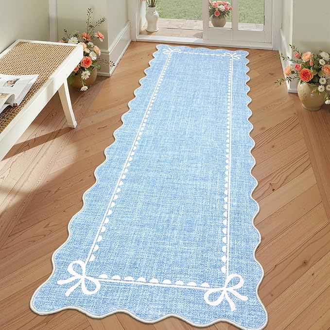 GarveeHome Scalloped Bow Rug for Living Room, Solid Blue Rug for Dorm, Washable Runner Rug 2.5x8 Soft Low Pile Non Slip Scalloped Rugs for Nursery Bedroom Decor Hallway Entryway Playroom