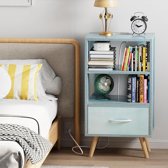 Night Stand with Charging Station, Blue Kids Nightstand with Drawer, 3-Tier Nursery Bedside Table with USB Ports and Outlets, End Table for Small Space, Living Room, Bedroom