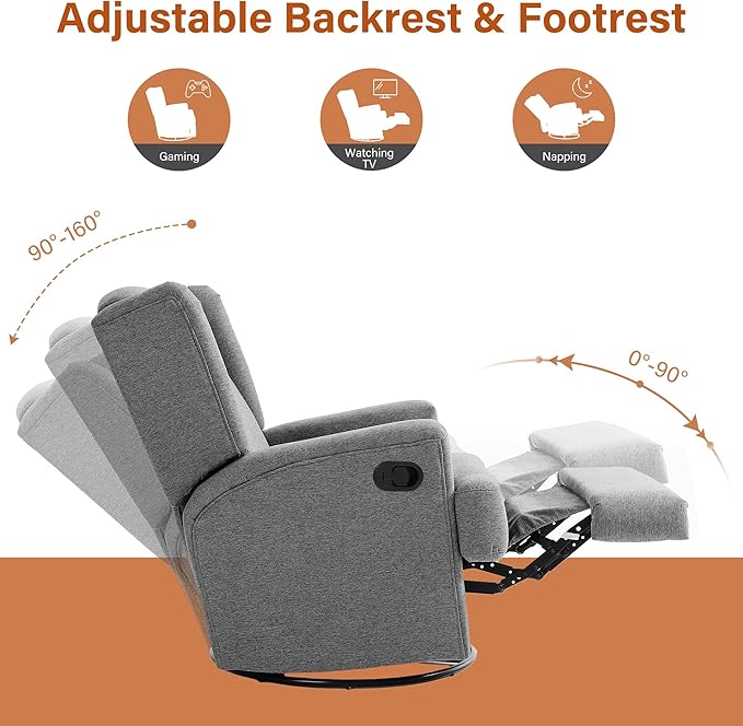 UIXE Swivel Glider Recliner Chairs Set of 2, Fabric High Back Accent Chair Nursery Rocker for Living Room, Upholstered Manual Reclining Sofa Seating with Deep Seat - Flax Gray