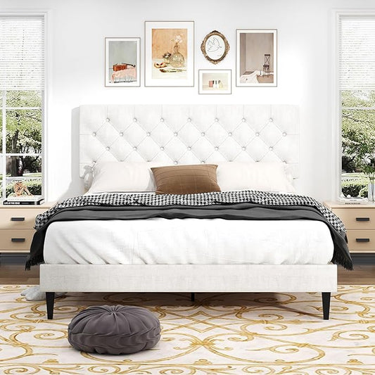 BarnFurin Queen Bed Frame, Upholstered Platform Bed with Button Tufted Headboard, Fabric Queen Size Beds with Wooden Slats Support, No Box Spring Required, Easy Assembly, White