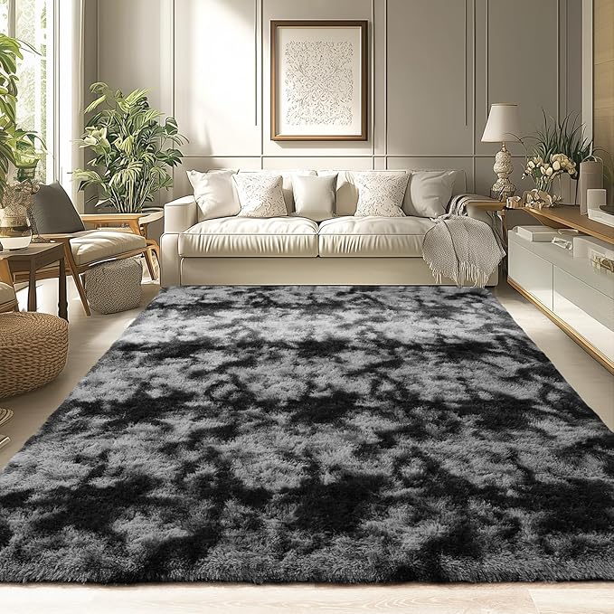 Merelax Modern Soft Fluffy Small Shaggy Rug for Bedroom Livingroom Dorm Kids Room Indoor Home Decorative, Non-Slip Plush Furry Fur Area Rugs Comfy Nursery Floor Carpet 7X10 Feet,Tie-Dyed Deep Grey