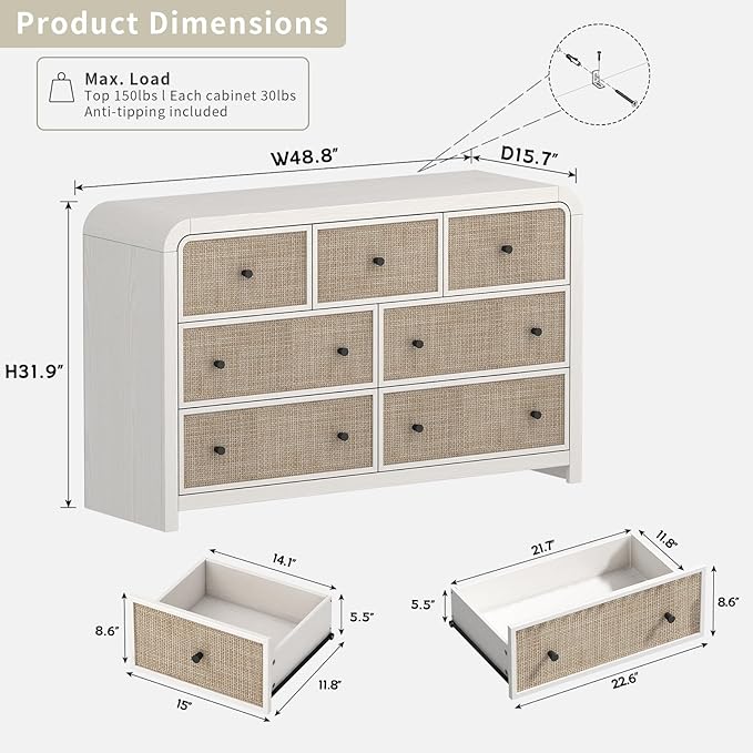 Oak&Sparrow 7 Drawer Dresser for Bedroom, 49'' Rattan Dresser with Ample Storage, Boho Chest of Drawers, Thickened Curved Profile Design, Oak Dressers for Bedroom, Living Room