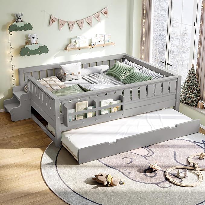 Bellemave Full Bed with Trundle and Stairs, Full Size Platform Bed Frame with Fence and Bookshelf, Easy Assemble Beds for Kids, Girls, Boys, Gray