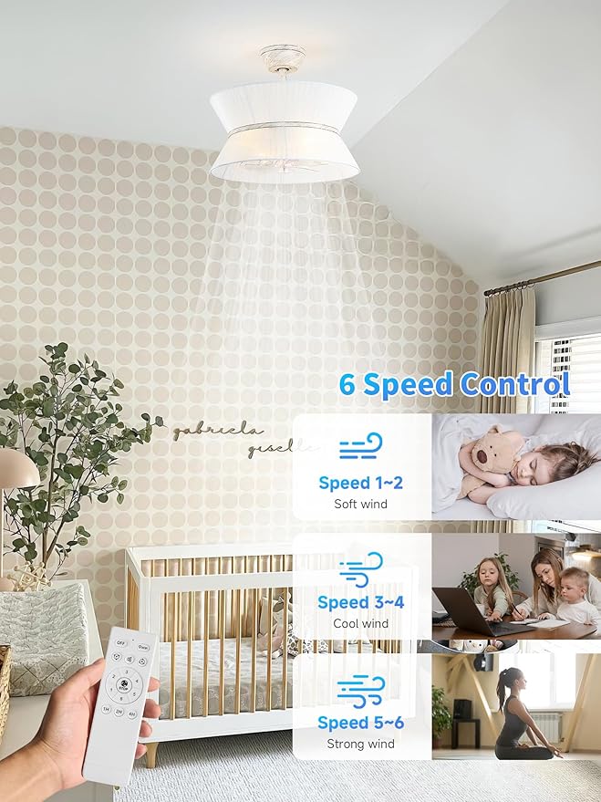 20" Rattan Boho Ceiling Fans with Lights, Caged white Fandelier Ceiling Fan with Light Remote Control, Enclosed with 6 Speeds for Bedroom, Nursery, Living Room