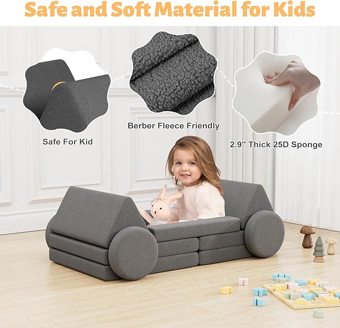 12 PCS Modular Kids Play Block Couch Child Sectional Soft Sofa Toddler Building Fortplay Climbing Bedroom Playroom Baby Convertible Floor Foam Cushion for Boys & Girls (car-Shaped-Dark-Grey)
