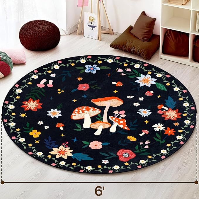 6' Machine Washable Round Area Rug, Non-Slip Vintage Floral Circle Floor Rugs for Kids, Low Pile RoomCarpet for Living Room, Bedroom, Dining Room & Nursery(6' Black Mushroom)
