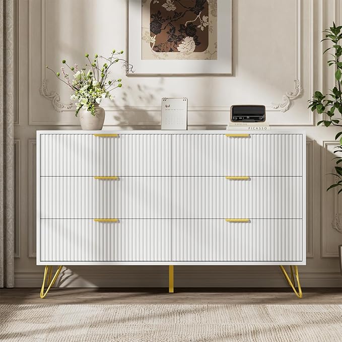 LYNSOM Fluted Dresser for Bedroom, White 6 Drawer Dresser with Gold Handles and Wide Drawers, Wood Chest of Drawers for Bedroom, Hallway