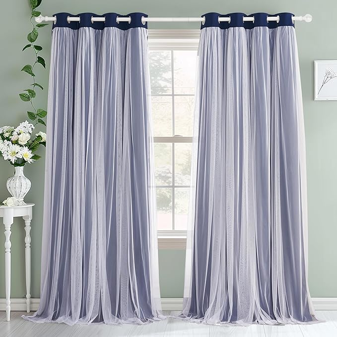 PONY DANCE Navy Blue Curtains Blackout - Room Darkening Curtains with Sheer Elegance Drapery Layered Drapes Mix and Match for Living Room/Kids Bedroom (Set of 2, 52x63 inch, Free Tie-Backs)