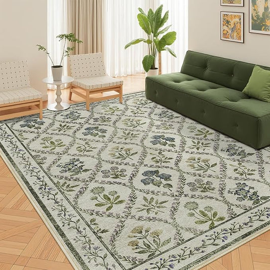 Floral Rugs for Girls, 5x7 Boho Washable Area Rug for Living Room, Cute Ultra-Thin Non Slip Indoor Decor Carpet for Nursery Kids Room Bedroom Playroom, Ivory Multi