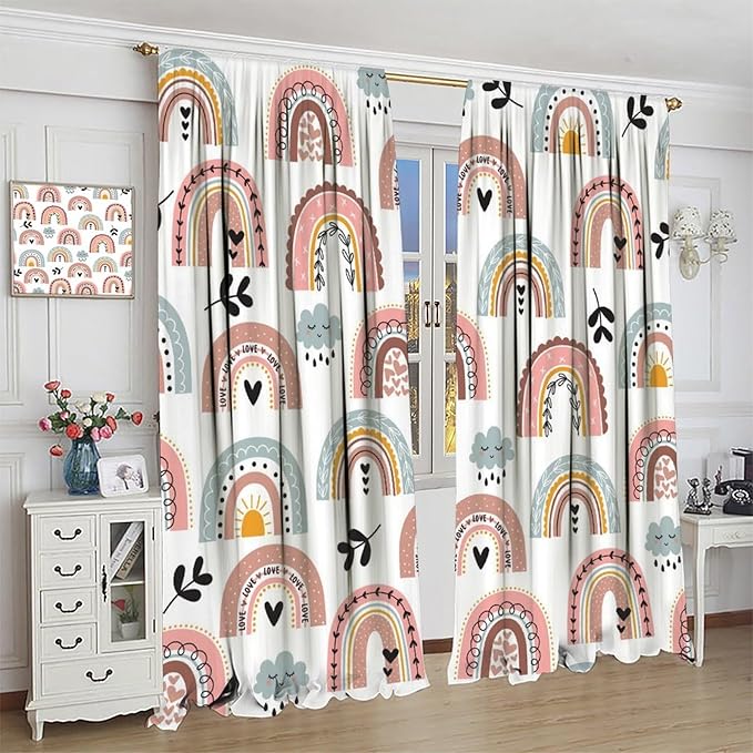 Kids Rainbow Curtains Boho Cartoon Colorful Stars Love Heart Lovely Abstract Art Pattern Print Window Drapes for Girl Bedroom Living Room Kitchen Decor,2 Panel Set,42Wx63H Inch Blackout