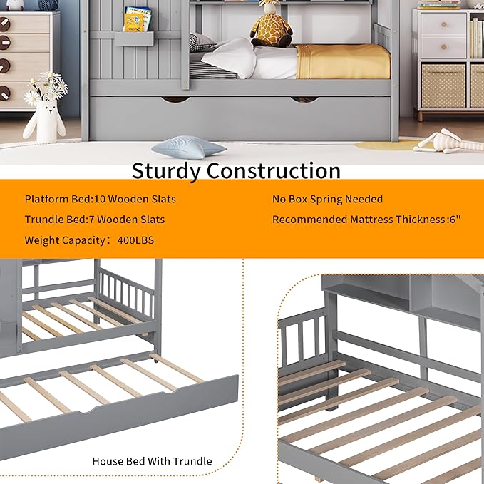 Linique Wooden Full Size House Bed with Trundle and Storage Shelf,Modern Design Full Platform Bed Frame with Pitched Roof(Gray)