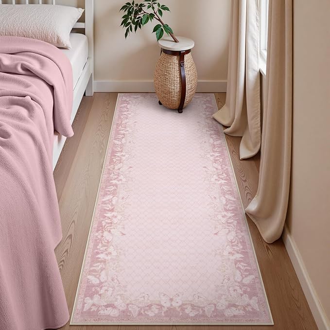 STARUIA Runner Rug Non Slip 2x6, Washable Butterfly Pink Rug Runners for Hallways, Low Pile & Soft Area Carpet Floor Decorated Rugs for Entryway Kitchen Laundry Bedroom Girls Room(Pink,2'x6')