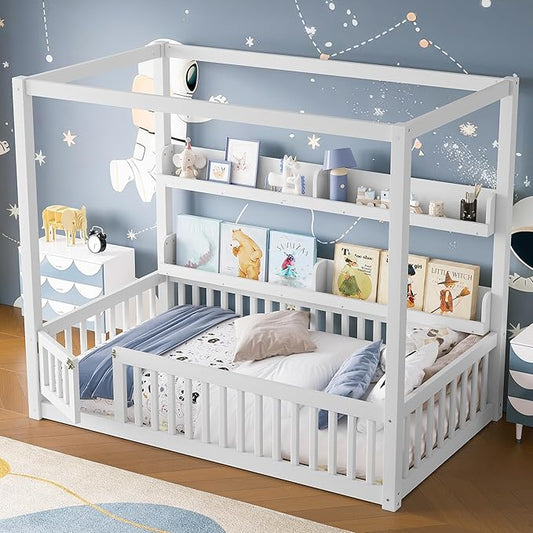 Polibi Twin Size Montessori Floor Bed with Guardrails, Low Profile Solid Wood Canopy Frame with Built-in Shelves, No Box Spring Needed, for Kids, White