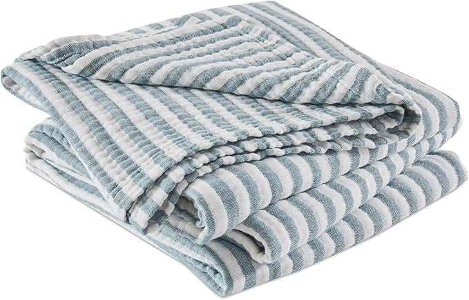 EMME Cotton Muslin Twin XL Blanket Breathable Gauze Soft Lightweight Adults Gifts for Women (Striped Teal, 66"x90")