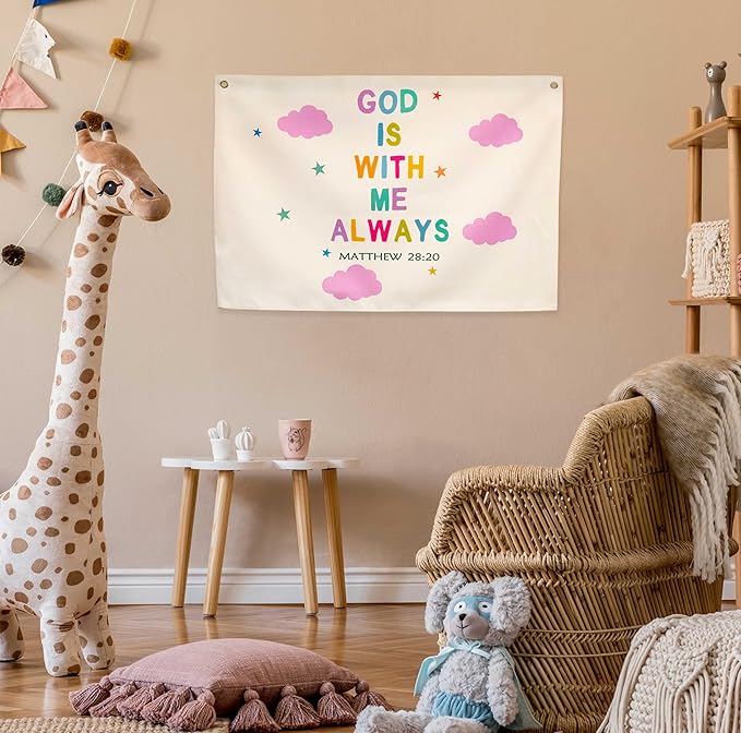 Christian Bible Verse Scripture Rectangular Banner Flag Wall Sign Decor Gift for Baby Girls-Nursery Baby Room Bedroom Decor-Baby,Shower Birthday Christmas Gift-God Is with Me Always