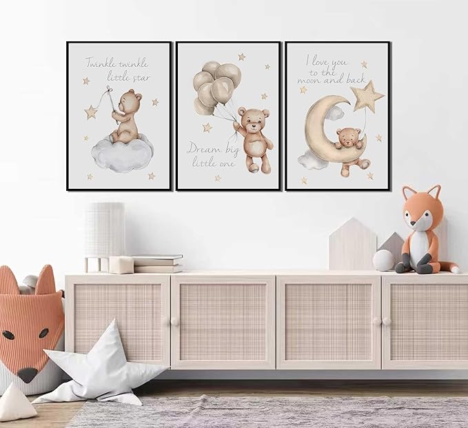 3Pcs Nursery Teddy Bear Wall Art Cute Little Bears Wall Decor Slepping Teddy Bears Posters Prints Moon Star Cloud Neutral Nursery Canvas Pictures for Kid's Room or Bedroom Painting Unframed