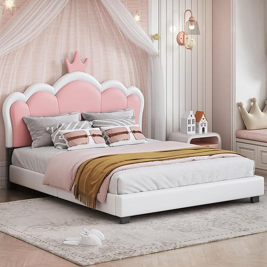 Full Size Princess Bed Frame with Crown Shaped Headboard for Kids,Upholstered Platform Bed with Slats Support,Full Girls Bed,Full Bed for Girls Teens,White