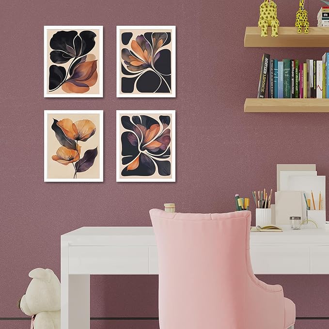 JINYO Vintage Boho Orange and Black Abstract Floral Wall Art Prints Set of 4, Dark Cottagecore Decor, Mid Century Modern Flower Wall Decor Posters Pictures for Home Bedroom Living Room, 8x10 Unframed