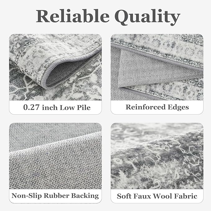 Vintage Grey 8x10 Area Rugs for Living Room, Retro Gray Neutral Rug for Bedroom Dining Room, Low Pile Thin Washable Non Slip Room Rug for Home Office Family Room