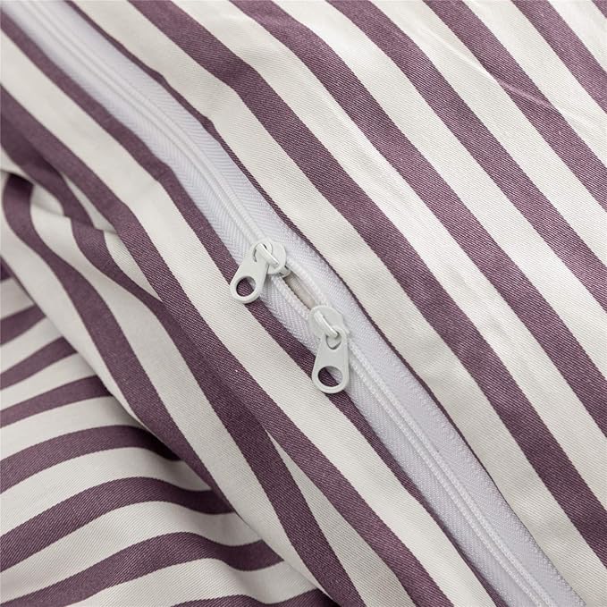 JELLYMONI 100% Natural Cotton 3pcs Striped Duvet Cover Sets,White Duvet Cover with Purple Stripes Pattern Printed Comforter Cover,with Zipper Closure & Corner Ties(King Size)