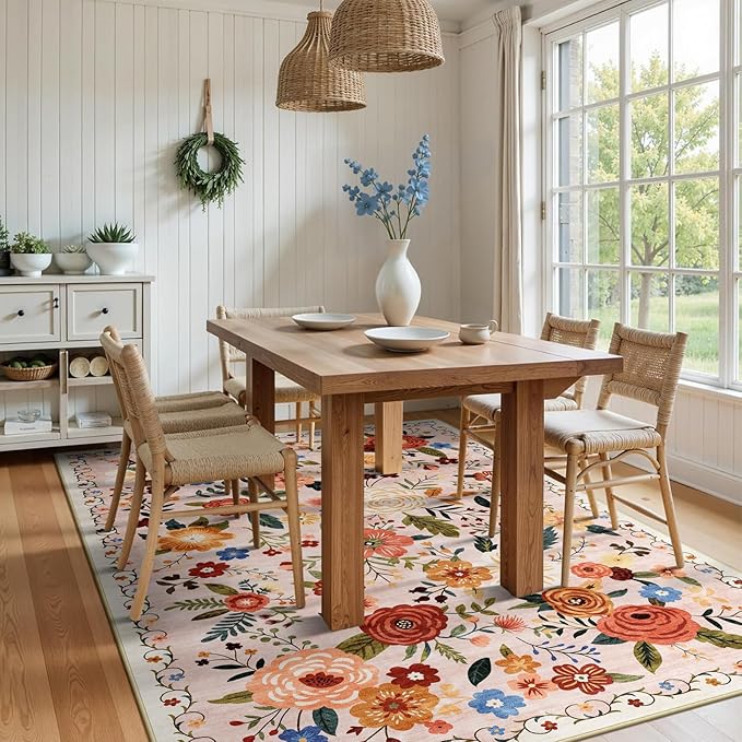 6x9 Washable Area Rug for Living Room, Floral Non-Slip Non-Shedding & Easy Care, Soft Low Pile Vintage Indoor Floor Carpet for Living Room, Bedroom, Farmhouse, Dining Room, Kids Playroom, Beige