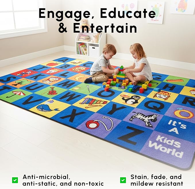 SAFECASTLE Kids Carpet Alphabet Rug – Little Charlie 4’4” x 5’6” – Educational ABC Nursery Learning Rug for Preschool, Classroom, Playroom, Daycare & Kids’ Bedroom – Durable Nylon Area Rug
