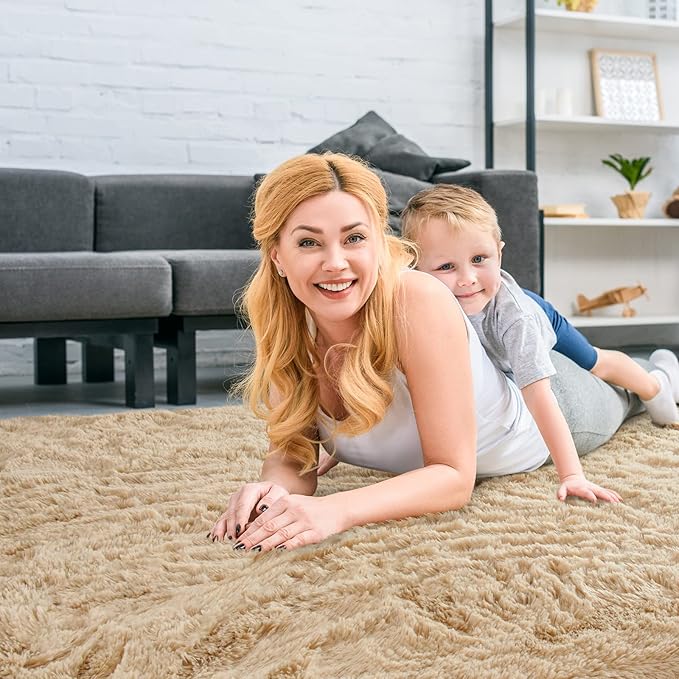Merelax Soft Modern Indoor Large Shaggy Rug for Livingroom Bedroom Dorm Kids Room Home Decorative, Non-Slip Plush Fluffy Furry Fur Area Rugs Comfy Nursery Accent Floor Carpet 8x10 Feet, Light Tan