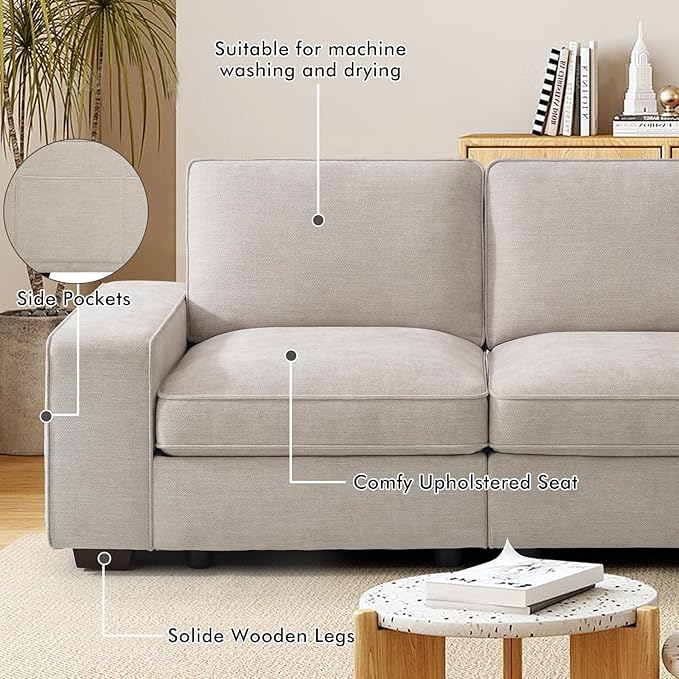 TEKAMON 100" Modular Sofa with Seats Storage, Comfy 3-Seater Chenille Fabric Couch for Living Room, Office, Apart W/Deep Seat, Wide Arms, Side Pockets, USB, Upholstered Couch W/Removable Cover