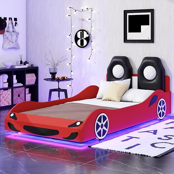 Merax Twin Size Race Car Bed with LED and Upholstered Backrest Headboard, PU Car-Shaped Platform Bedframe with Wheels and Guardrails, Wood Slat Support, No Box Spring Needed
