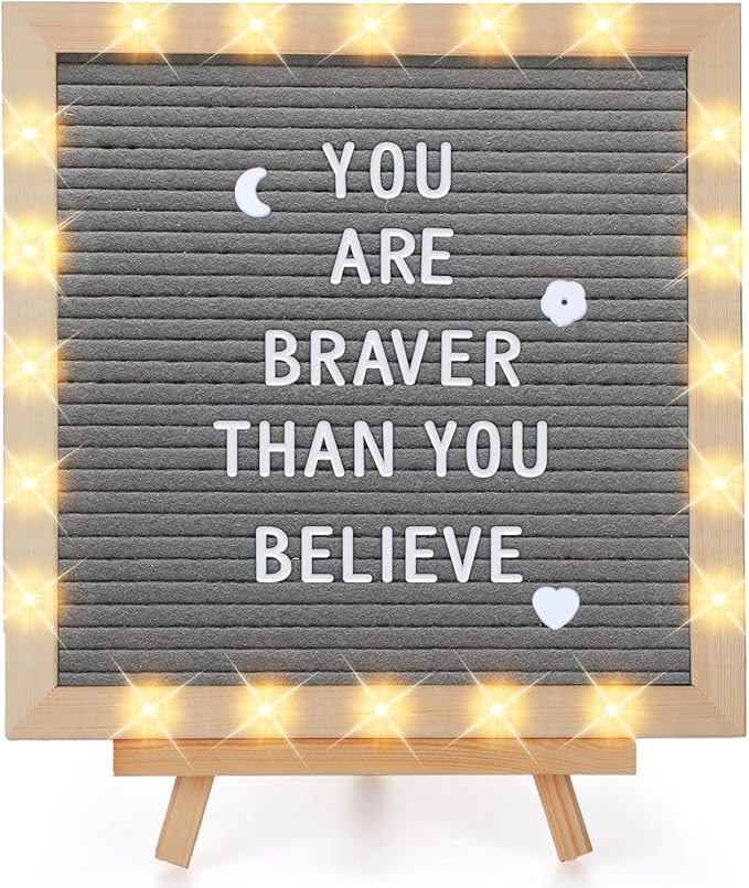 Changeable Felt Letter Board with LED Lights - 10×10" Message Custom Signs & Wood Stand & 450 Letters, Poster Board for Christmas/Pregnancy/Baby Announcement/Classroom Wall Decor Gifts, Grey