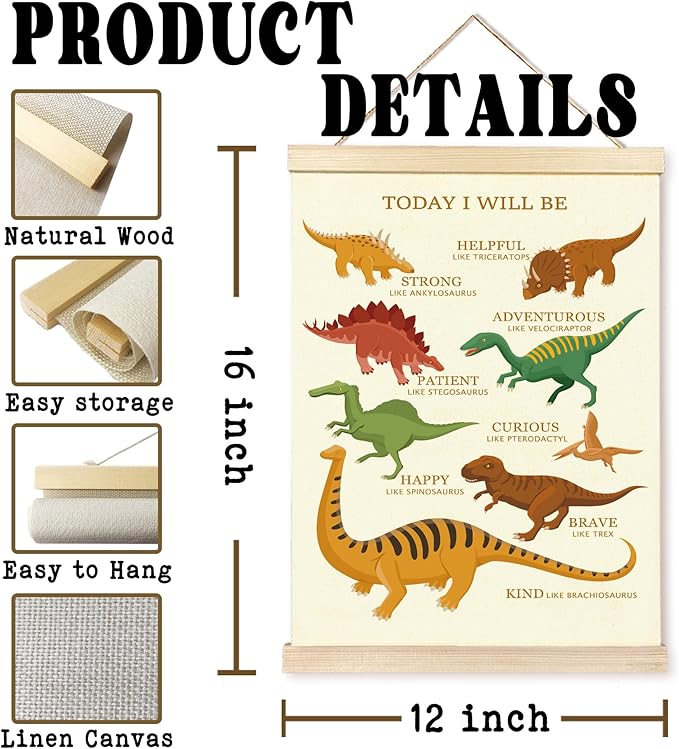 Hiuwevt Motivational Dinosaur Poster Hanger Frame, Dinosaur Room Decor for Boys, Positive Affirmations Dinosaurs Wall Art Decor for Classroom Kids Boys Room Nursery Home, 12x16 Inch