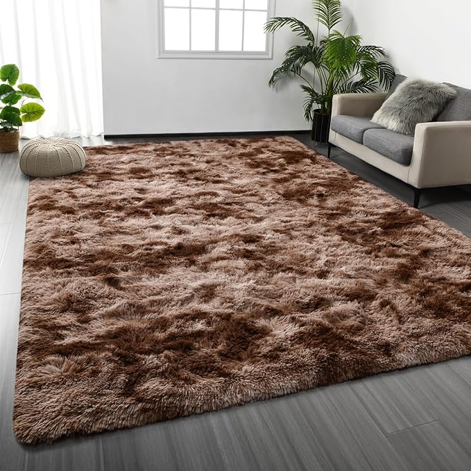 Large Shag Area Rugs 8 x 10, Tie-Dyed Plush Fuzzy Rugs for Living Room, Ultra Soft Fluffy Furry Rug for Bedroom, Indoor Carpet Nursery Rugs for Kids Room Home Decor, Coffee