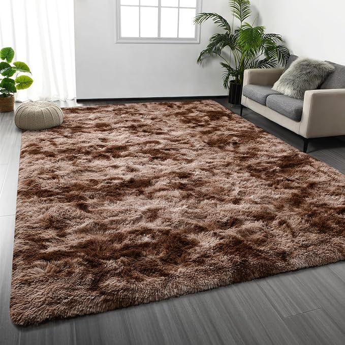 Large Shag Area Rugs 9 x 12, Tie-Dyed Plush Fuzzy Rugs for Living Room, Ultra Soft Fluffy Furry Rug for Bedroom, Indoor Carpet Nursery Rugs for Kids Room Home Decor, Coffee