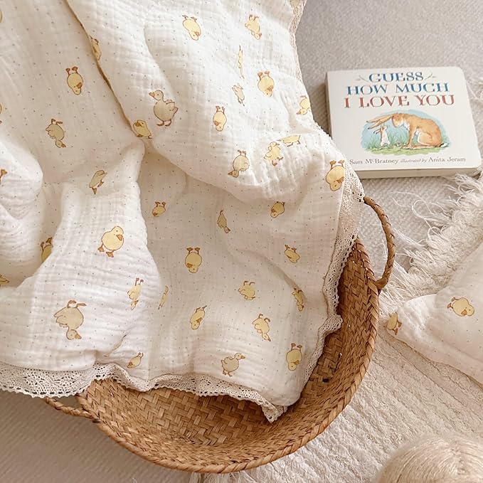 BuLuTu Baby Toddler Muslin Blanket| Crib Baby Quilts| Cot Comforter| Nursery Bed Throw Blanket| Toddler Quilt Blanket | Soft Breathable | Super Cute Duck Pattern| 47x59 Inch,1.5 Pounds