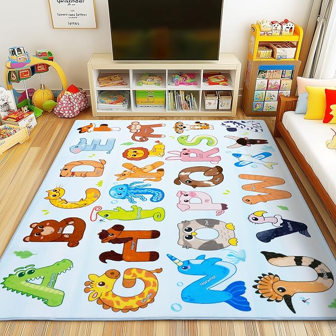 Kids Rugs for Playroom, 7x9 Feet Educational Rug for Learn The ABC Alphabet, Soft Machine Washable Non-Slip Cute Animal Carpet for Classroom Toddler Nursery Kids Room Decor Mat, Blue