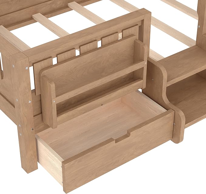 Bellemave Twin Size Kids Bed with high Rails and with Built-in Bookshelf and Drawers for Kids, Girls, Boys, Wood Montessori Bed Without Door, Natural