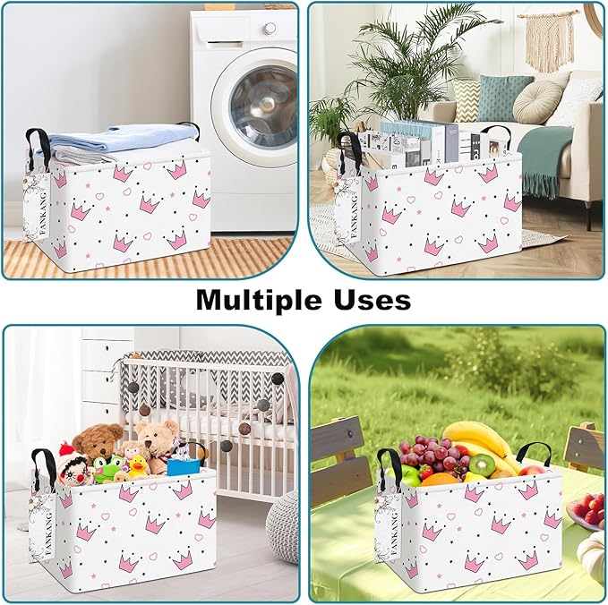 FANKANG Storage Bins, Nursery Hamper Canvas Laundry Basket Foldable with Waterproof PE Coating Large Storage Baskets for Kids Boys and Girls, Office, Bedroom, Clothes,Toys(Rec-pink crowns)