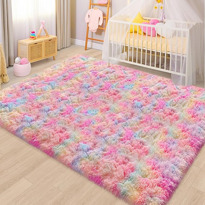 Cute Unicorn Rug for Girls Bedroom, 6x9 Plush Fluffy Princess Rainbow Area Rug for Girls Room Soft Big Shag Carpet for Living Room Baby Toddler Kids Room Colorful Kawaii Room Decor