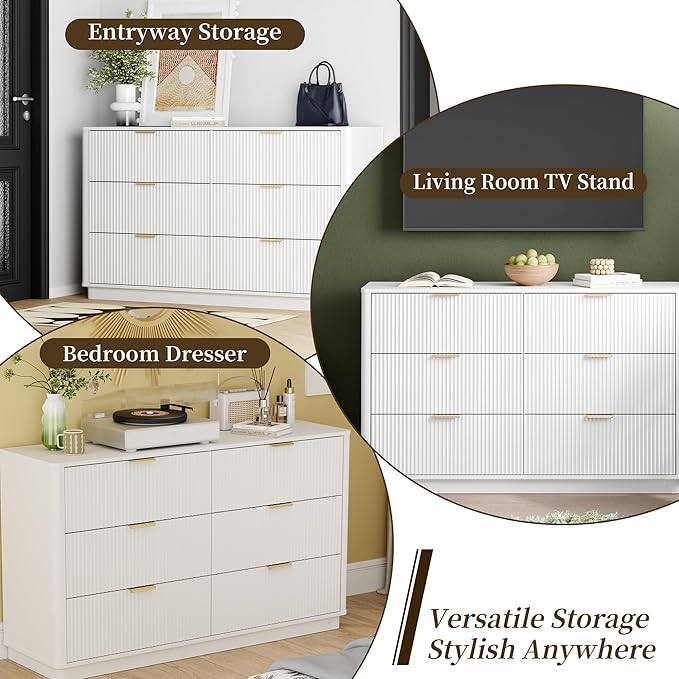 Fluted Dresser for Bedroom with 6 Drawers, 54" Wide Modern Chest of Drawers with Lighting, Wooden Dresser TV Stand with Curved Edges, Closet Organizer for Living Room, Hallway,White