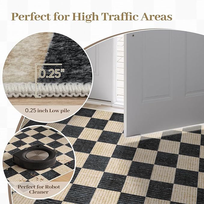 LIVEBOX 8x10 Area Rugs for Living Room, Checkered Non-Slip Washable Rugs, Farmhouse Neutral Classic Geometric Pattern Large Boys Area Rug for Bedroom, Carpet for Dining Room Office (Black,8'x10')