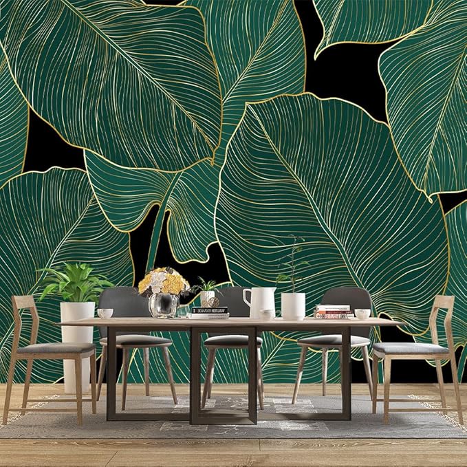 Black and Gold Leaf Mural Bedroom Tropical Green Botanical Wallpaper Room Plant Decor Living Room tv Background Large Wall Mural - 160"x108" (Not Peel and Stick)