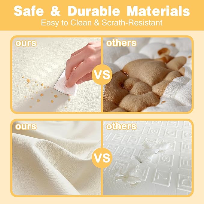 Padded 48" ×48" Baby Play Mat for Floor, 1.2" Thick Memory Foam Playmat with Soft Vegan Leather Cover, Cushioned Play Mat for 50" x50" Playpens, Beige